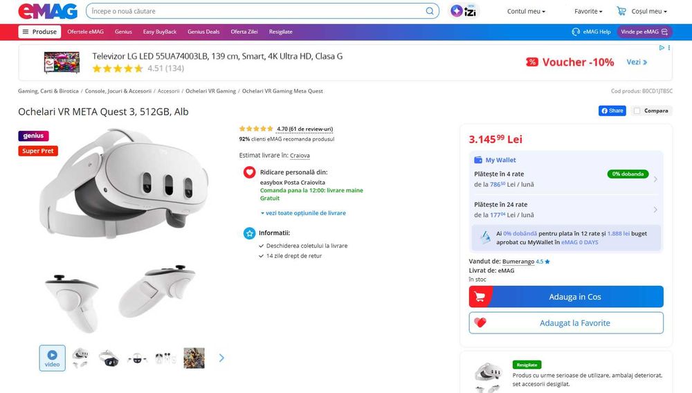 Ochelari VR META Quest 3, 512GB, Alb, impecabili, factura, garantie pina in 16.10.2027
