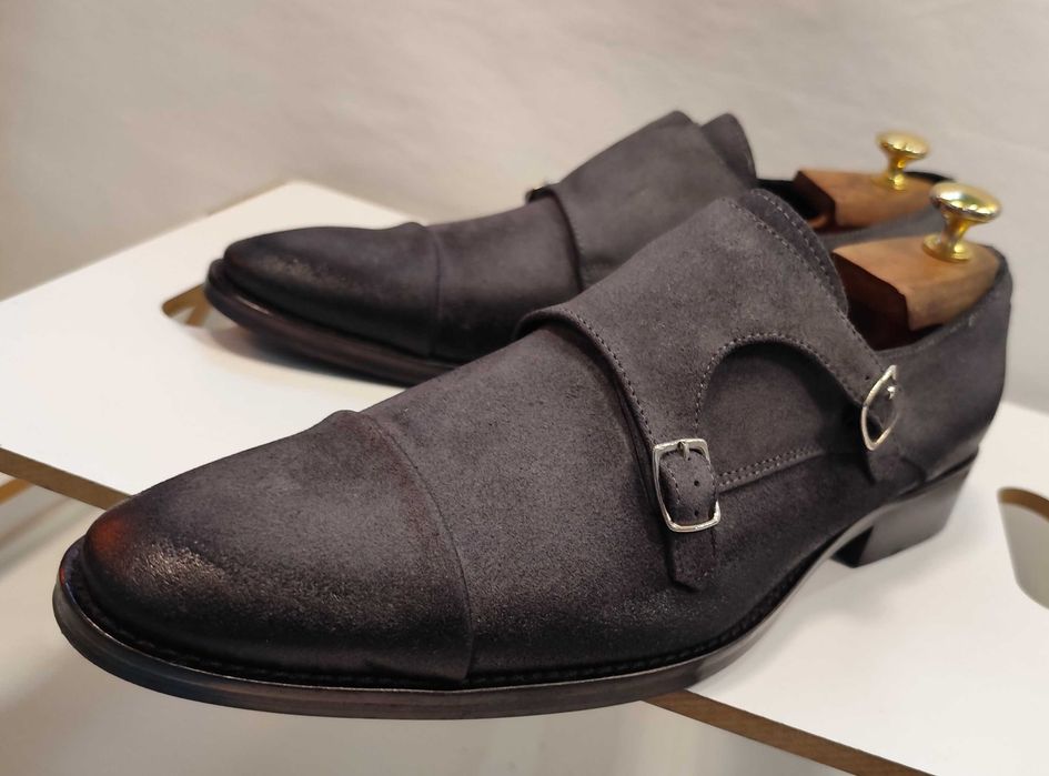 Pantofi double monk 42 42.5 de lux Lavoratione Artigianale NOI piele naturala suede gri