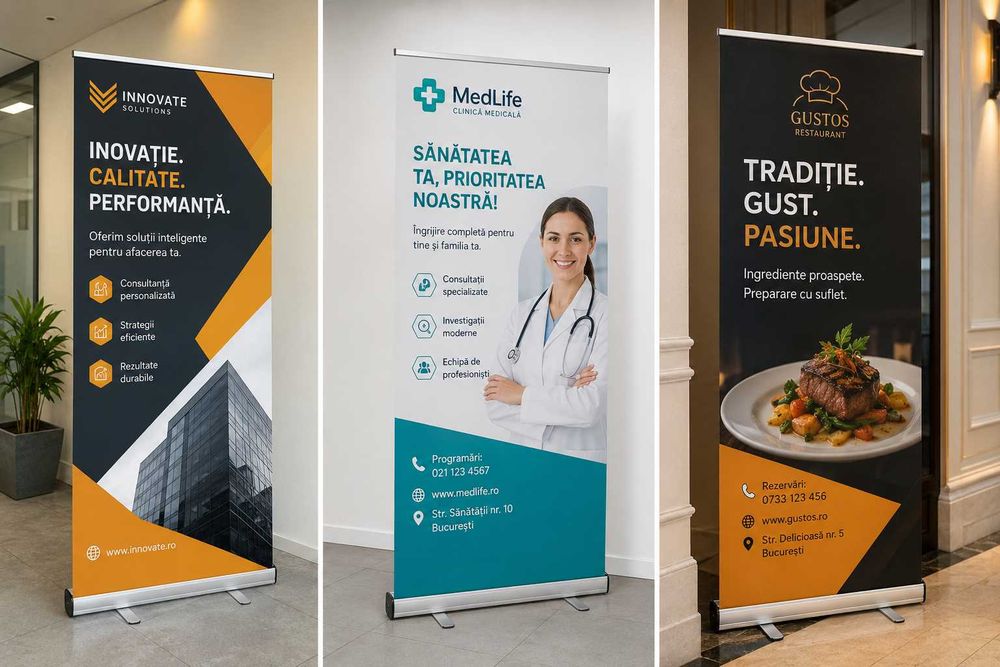 MEGA OFERTĂ ROLL UP PERSONALIZAT - Sistem din aluminiu,husa de protectie,grafica,print culori vibrante,finisaje exceptionale.MAI IEFTIN NU EXISTA