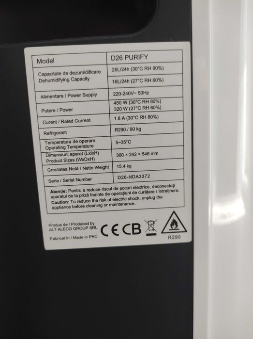 Dezumidificator AlecoAir D26 PURIFY