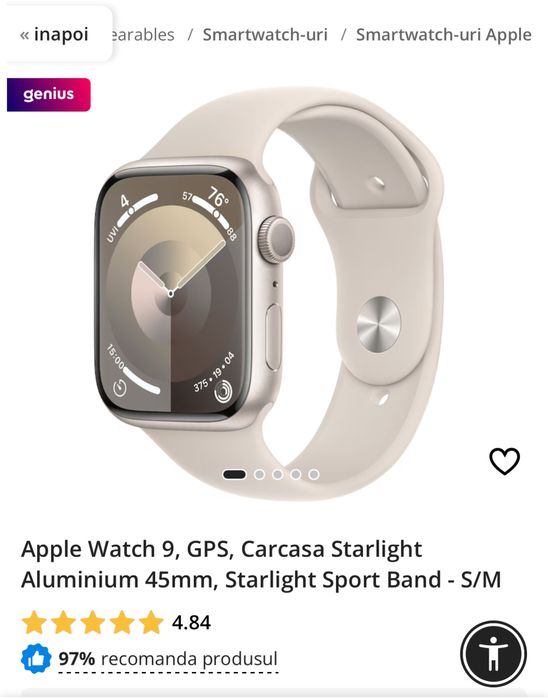 Apple Watch 9, Carcasa Starlight Aluminium 45mm, SIGILAT, OCAZIE
