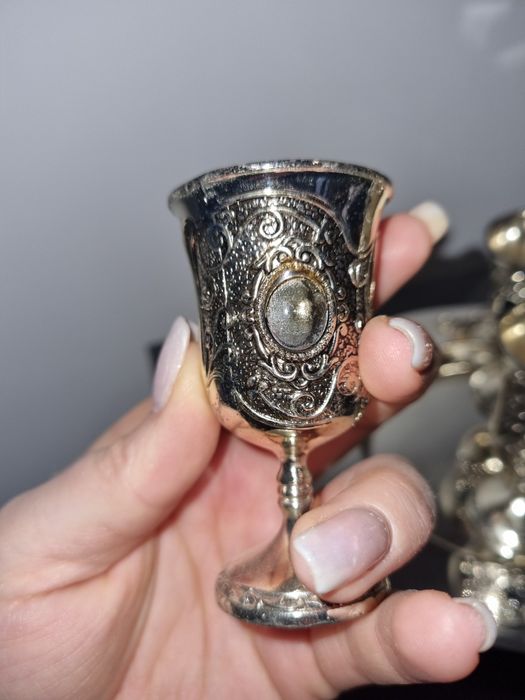 Set 6 pahare cu picior pentru tarie sau lichior, argintate, plus o car