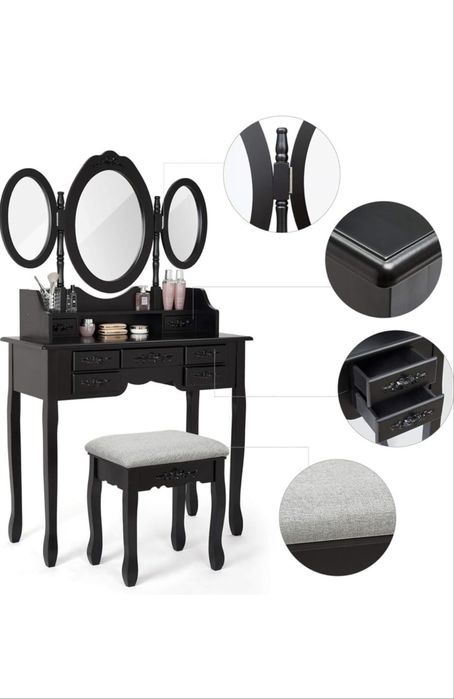 Masă de toaletă-Dressing table cu 3 oglinzi, 7 sertare și taburet, Noua