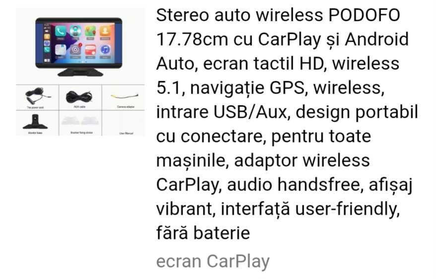 Stereo auto wireless PODOFO 7 inch cu Carplay si Android auto, ercan tactil HD, wireless 5.1, navigatie GPS, wireless, intrare USB/AUX,