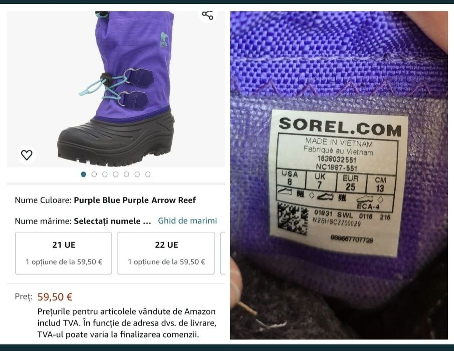 Ghete / Cizme Zăpadă, Lână, Sorel Super Trooper - 25 (14,2 - 14,9 cm)