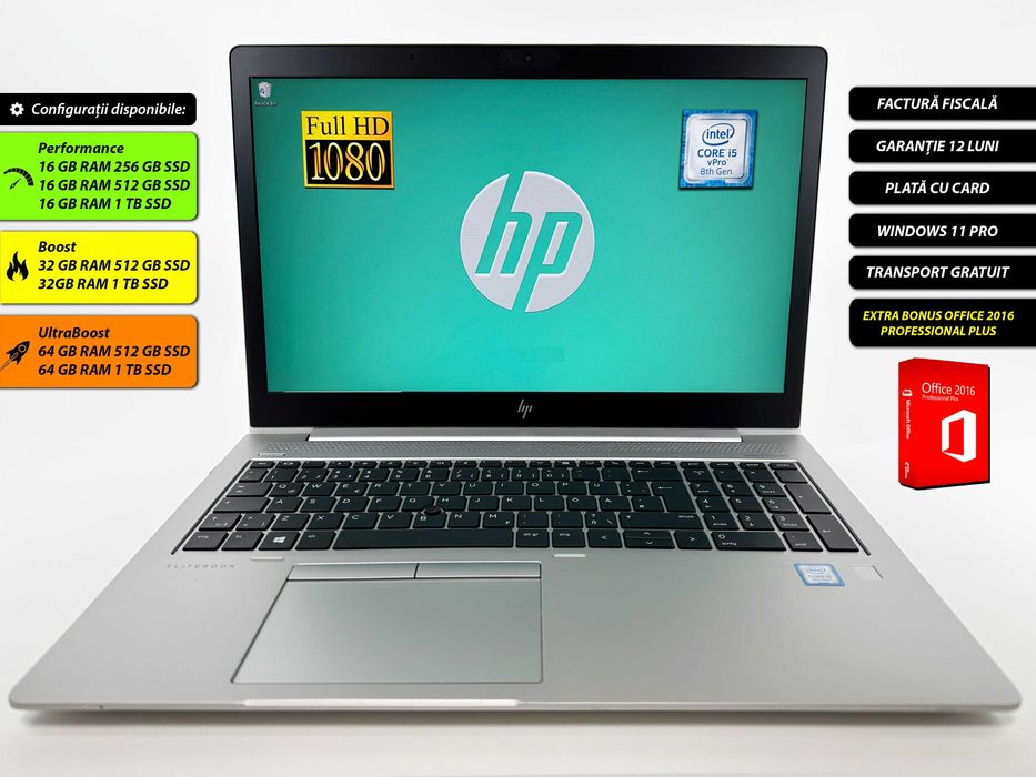 Laptop HP Elitebook 850 G5 Intel i5 8265u 32 gb ram 256 gb ssd  Ecran 15.6 inch Full HD Design metalic Office 2016 Windows 11 Factura si Garantie 1 an