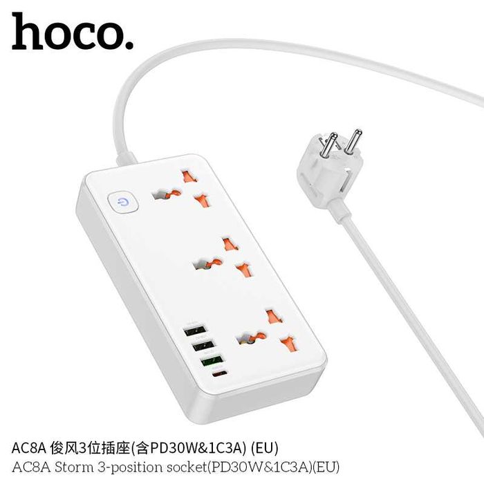 Hoco AC8A Storm Сетевой фильтр 3 розетками и USB-портами PD30W EU/GER