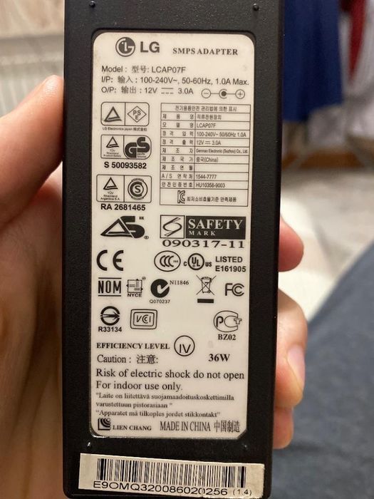 Оригинальный блок питания LG 12V 3A (LCAP07F)