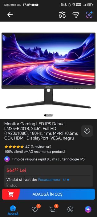 Monitor dahua tehnology de 180 hz, 0.5 ms, 24.5 inch