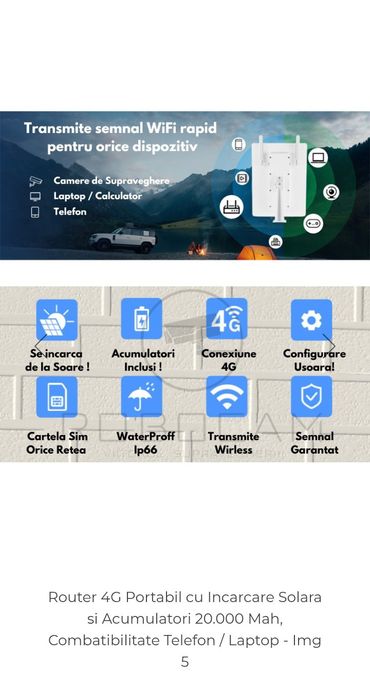 Router WiFi solar, baterie 25000 mAh, panou solar 15W, router WiFi