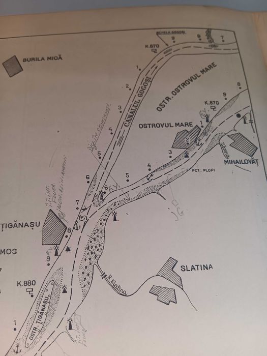 Carte veche tematica marinăresca, Harta rutiera a Dunării de la km 936 la km 500, perioada RPR anii 60, de colectie,Navigație Fluviala NAVROM