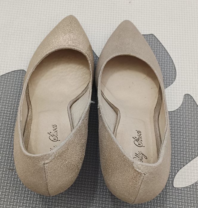 Pantofi dama,aurii ,din piele , Nr 37, branț 24 cm, toc 8 cm