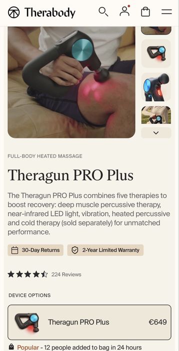 Pistolul de masaj Therabody Theragun Pro Plus, care combină percuția, vibrațiile, căldura și terapia cu lumină