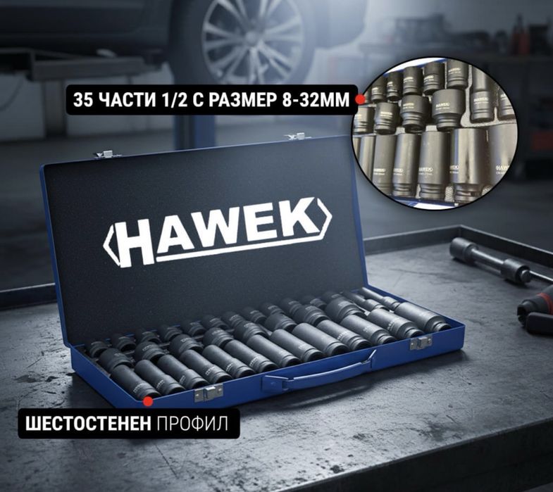 НЕМСКИ Ковани Ударни Вложки 1/2 35 части 8-32мм Hawek