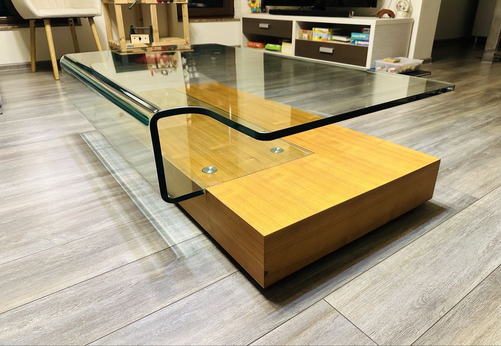 Masă de cafea living LEMs – lemn masiv & sticlă design futurist