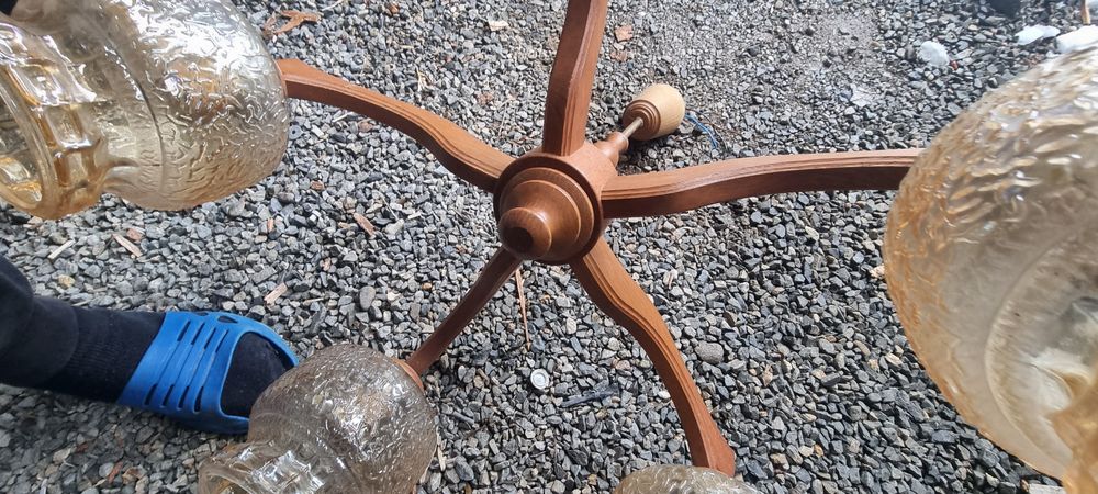 Lustră lemn rustică  candelabru  5x E27 metal auriu sticla fumuriie