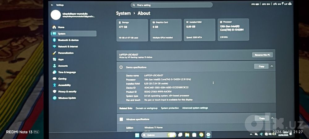 HP Viktus Geming Laptop .2027 martgacha kafolat qogʻozi bo