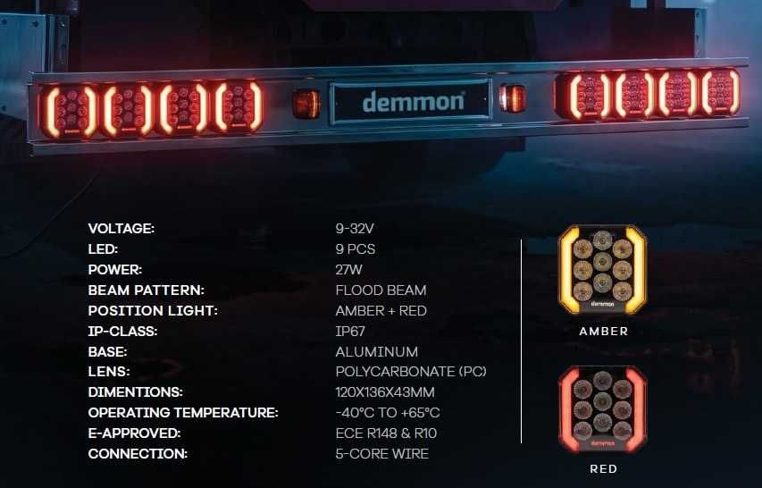 LED стоп-халоген Demmon 6" 27W E-MARK (ECE R148/R10) IP67, 9-32V - разпръсната светлина, червен стоп/габарит и динамичен мигач