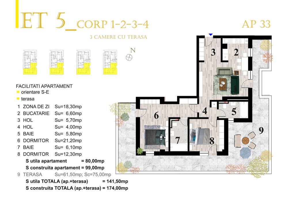 Penthouse Spectaculos cu Terasa 61,5 mp, Zona Centru Vechi, cu parcare inclusa, direct de la dezvoltator