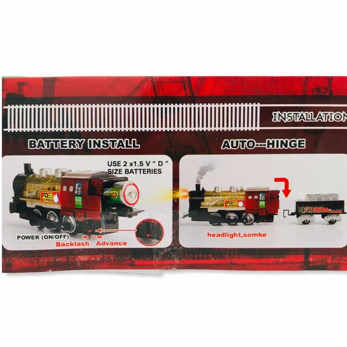 Локомотив Влак с вагони, движещ се по релси + СВЕТЛИНИ и ПУШЕК влакче