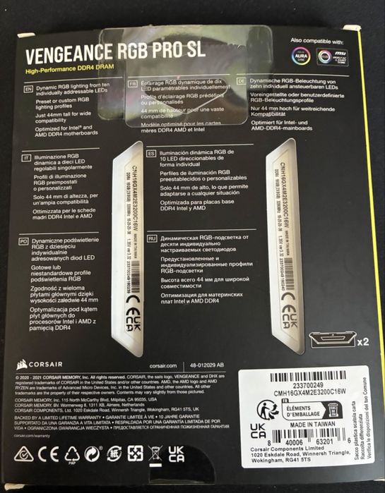 KIT Memorie Corsair VENGEANCE RGB PRO SL, 16GB DDR4, 3200MHz CL16. NOU