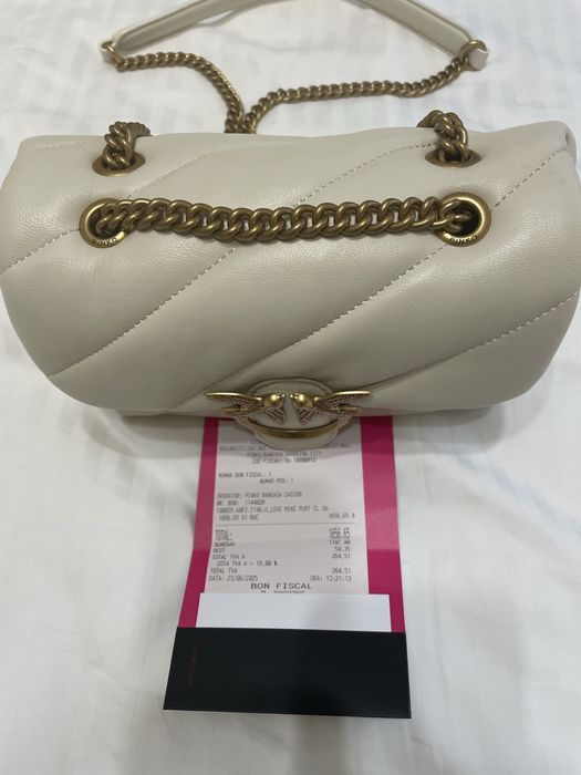 Geantă Pinko Love Mini Puff, piele, crem, cu bon fiscal