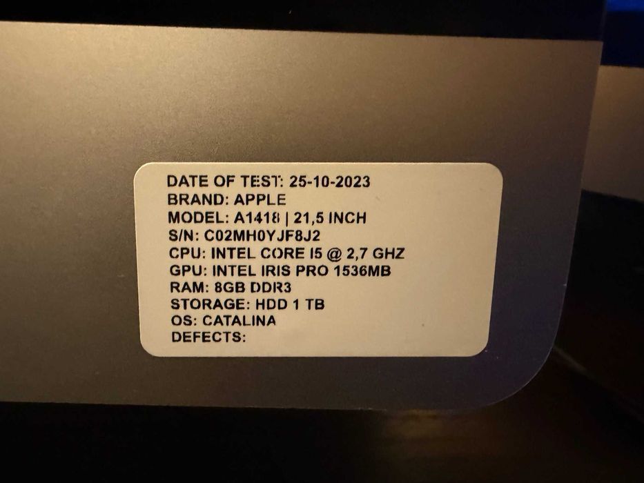 Apple iMac A1418, Quad Core i5-7400, 21,5", i5, 8GB RAM, 1TB HDD
