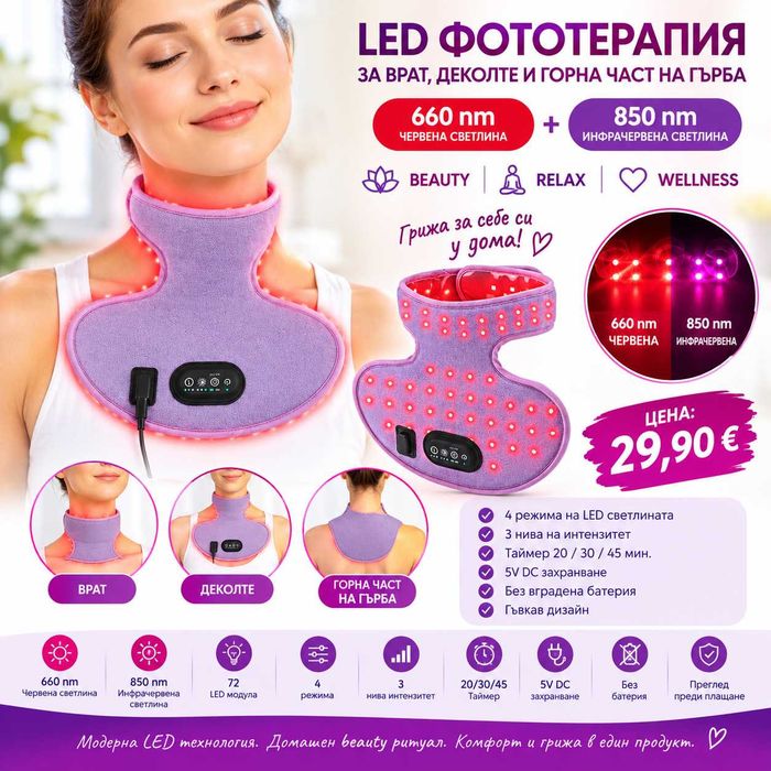 LED маска за светлинна фотон терапия за шия и деколте, маска с червена светлина със 72 LED лампи 660nm/850nm