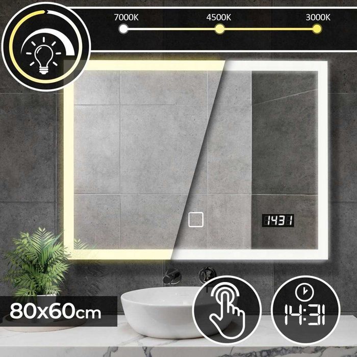 Огледало за баня 80x60 см за стенно окачване С LED ОСВЕТЛЕНИЕ И ЧАСОВНИК