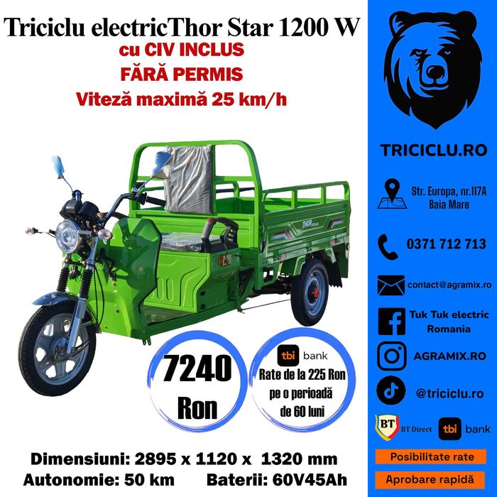 Triciclu electric 1200 W cu bena basculabila THOR Star Agramix NOU
