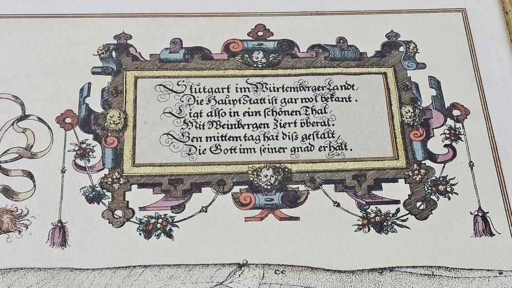 Veduta panoramica Stuttgart 1594 - interpretare dupa Braun & Hogenberg – rama aurita – documente