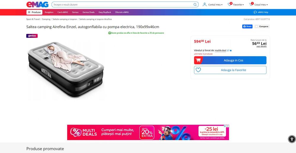 Saltea(Pat) gomflabil 1 pers(190x99x46cm) Airefina, REDUS de la 600Ron