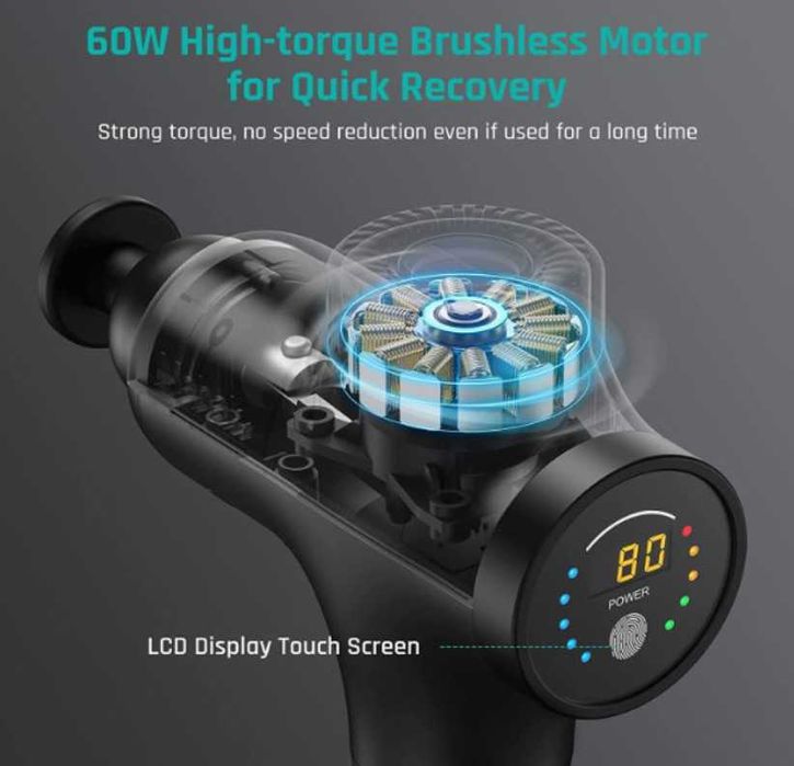 Масажен пистолет MEBAK 3, 2600 mAh батерия, 7 глави, LСD дисплей, калъф за съхранение, цвят: черен