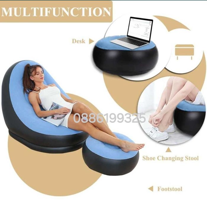 Надуваем фотьойл и табуретка за крака, Син/Бежов/Шарен