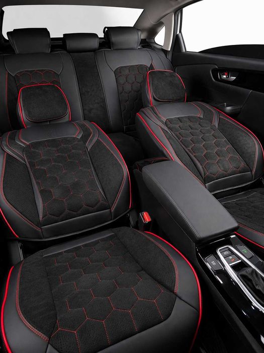 Комплект луксозна универсална тапицерия еко кожа и алкантара - черна, черно-сива или черно-червена.