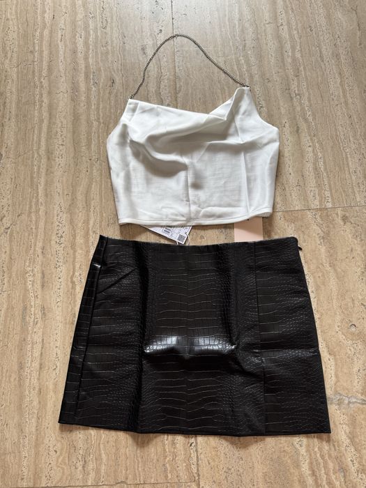 Дамски сет черна кожена пола Mango и бял сатенен топ