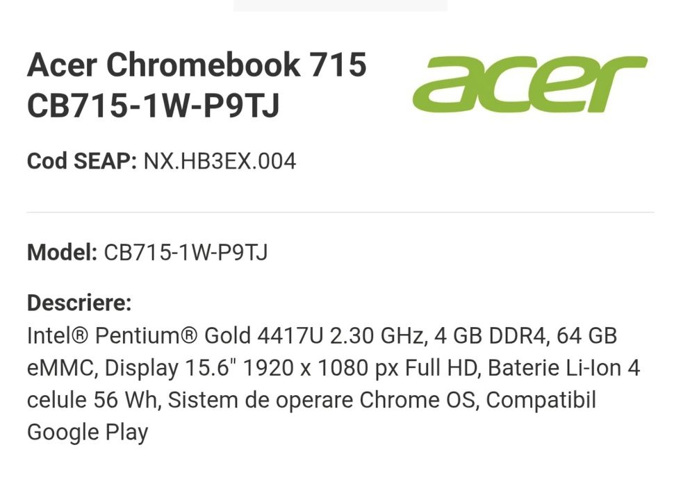 vand laptop Acer Chromebook 715.15.6"FH IPS.Intel Gold.4Gb.64 Gb