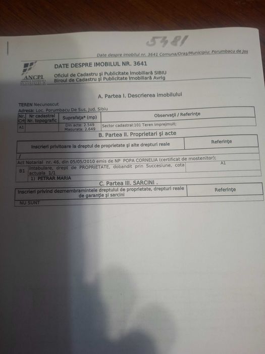 Teren intravilan Porumbacu de sus