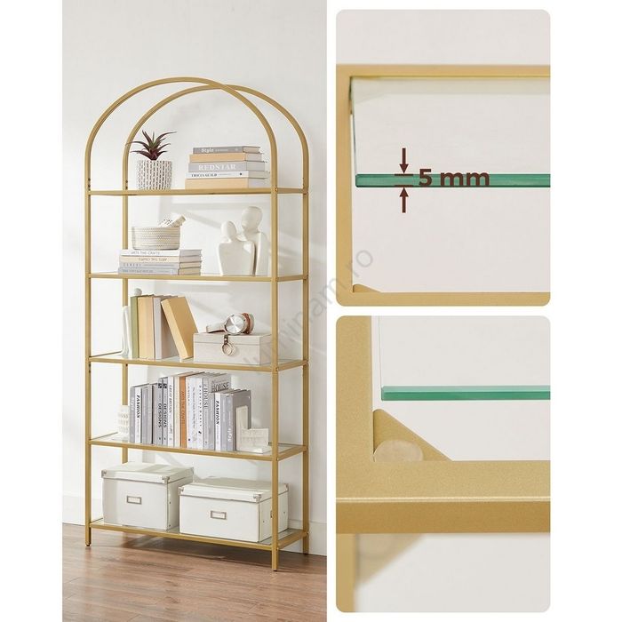 Vand vitrina aurie metalica cu polite raft de sticla