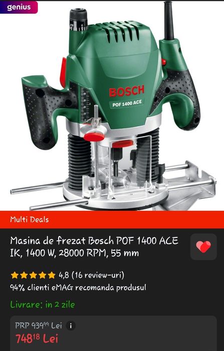 Masina de frezat Bosch POF 1400 ACE IK, 1400 W, 28000 RPM, 55 mm