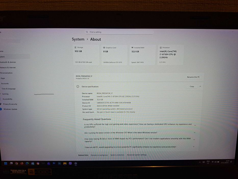 17" Лаптоп Acer Predator Helios 500, i7, 1070 8GB, 32 GB RAM, 1TB NVME