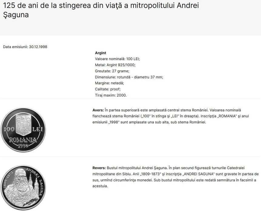 Moneda BNR 100 lei argint Andrei Saguna gradata NGC PF 66 UC