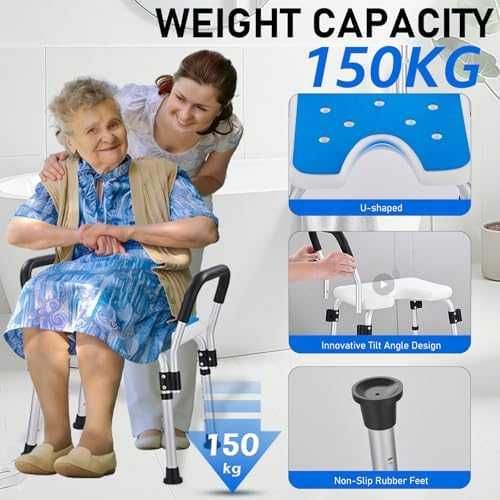 Нов Стол за къпане душ с подлакътници U-образна седалка син 150 кг възрастни и инвалиди