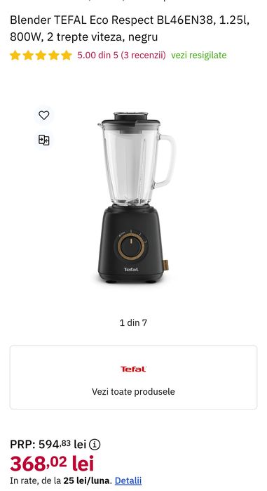 Blender TEFAL Eco Respect BL46EN38, 1.25l, 800W, 2 trepte viteza, negr