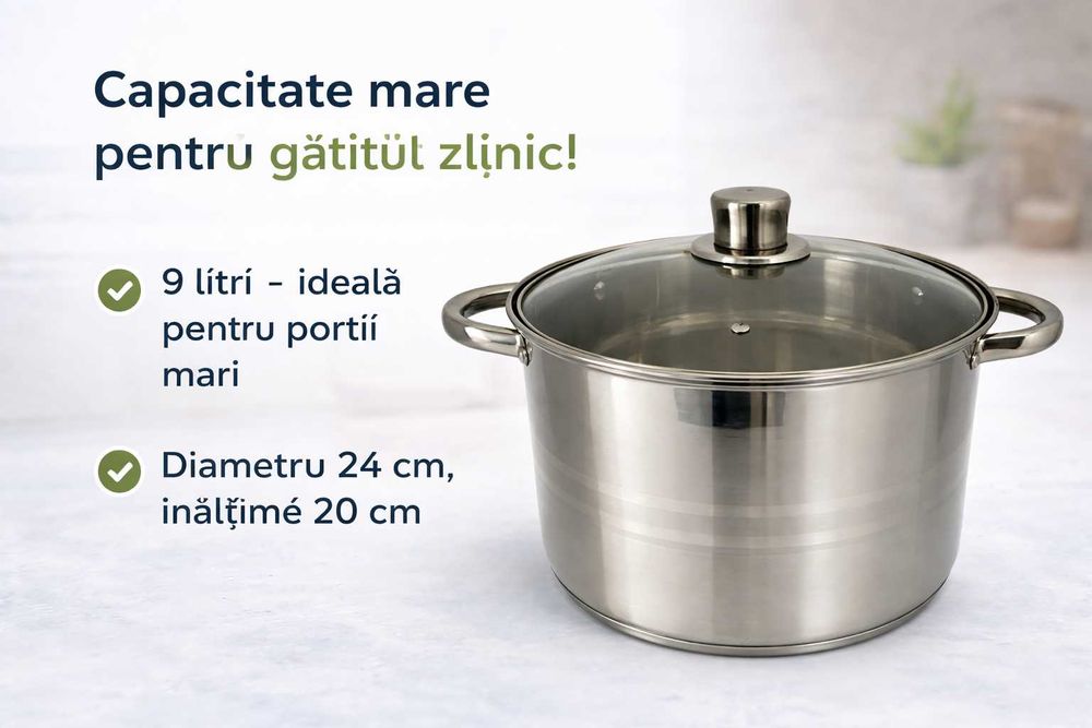 Oala inox 9 litri cu capac de sticla pentru gatit zilnic