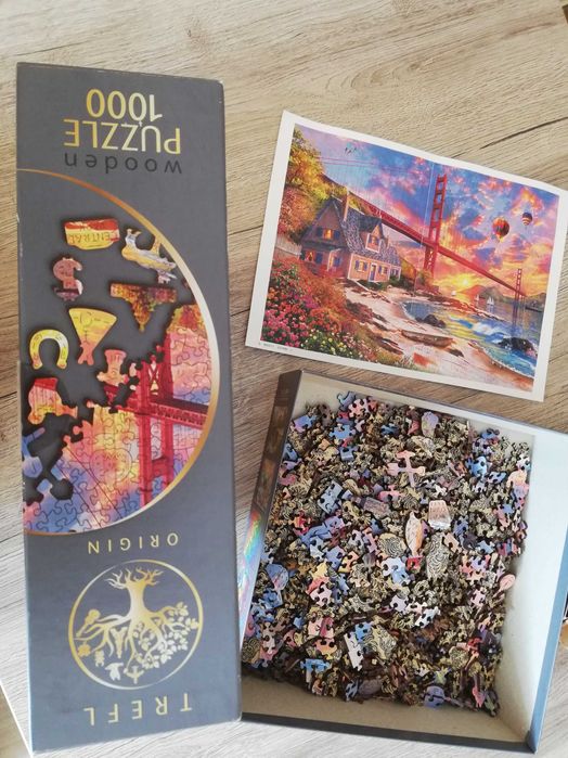 Дървен пъзел Trefl - Wood Craft, Залез над Golden Gate, 1000 части