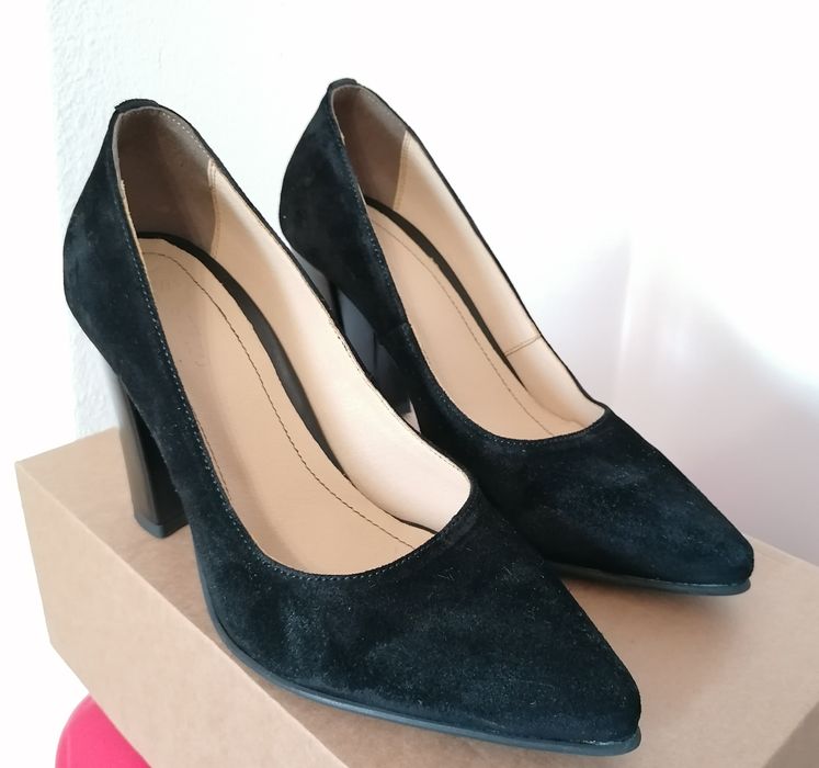 Pantofi cu toc gros piele naturală întoarsă