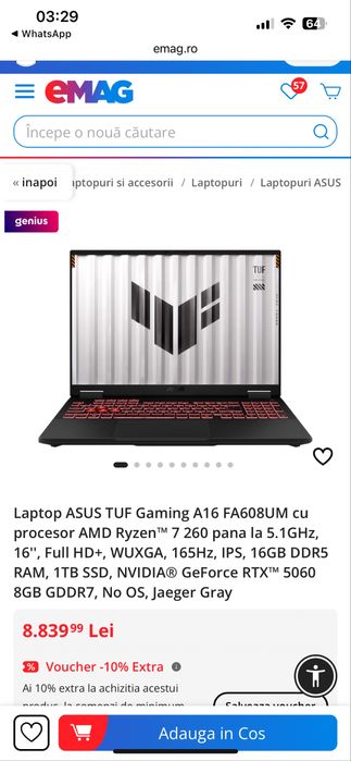 Laptop Gaming Sigilat Asus Tuf Ryzen 7 260 RTX 5060 Ram 32GB 165hz
