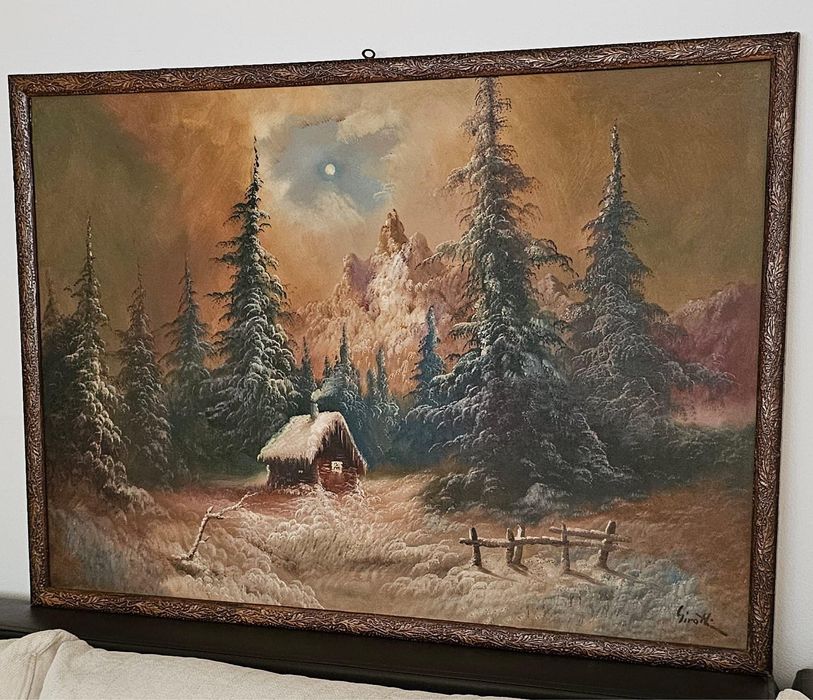 Tablou peisaj de iarnă – pictură semnată, cadru vintage