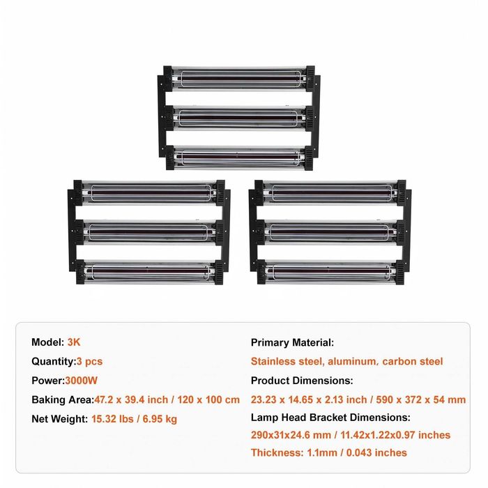 Lampa infrarosu pentru uscare vopsea auto 3000W cu 3 brate radiator si unde scurte arie de uscare 120x100 cm